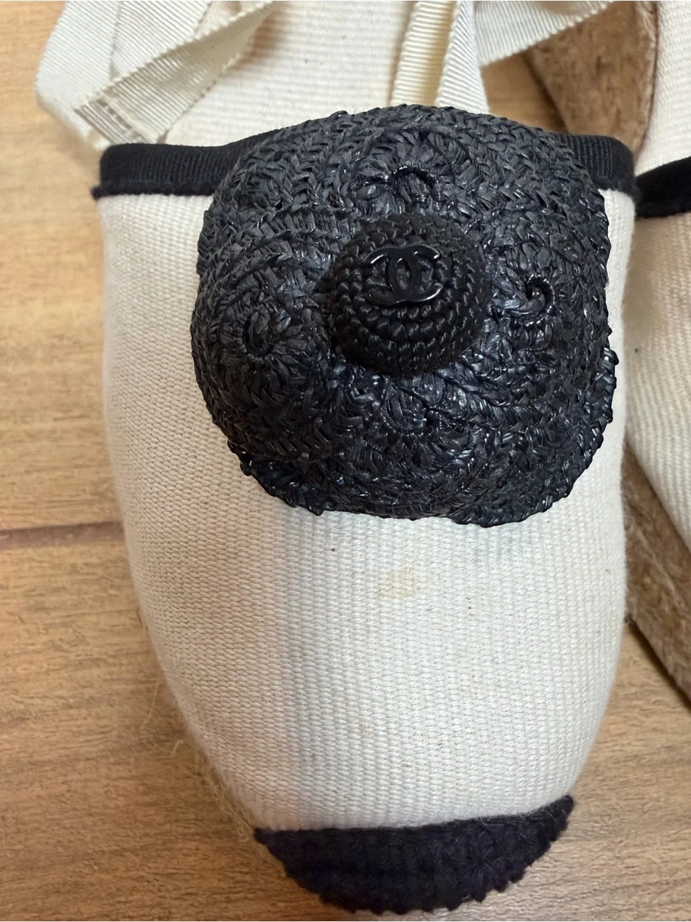 Chanel Cream and Black Camellia Flower Espadrille Wedges Ballerina Ribbon Ties